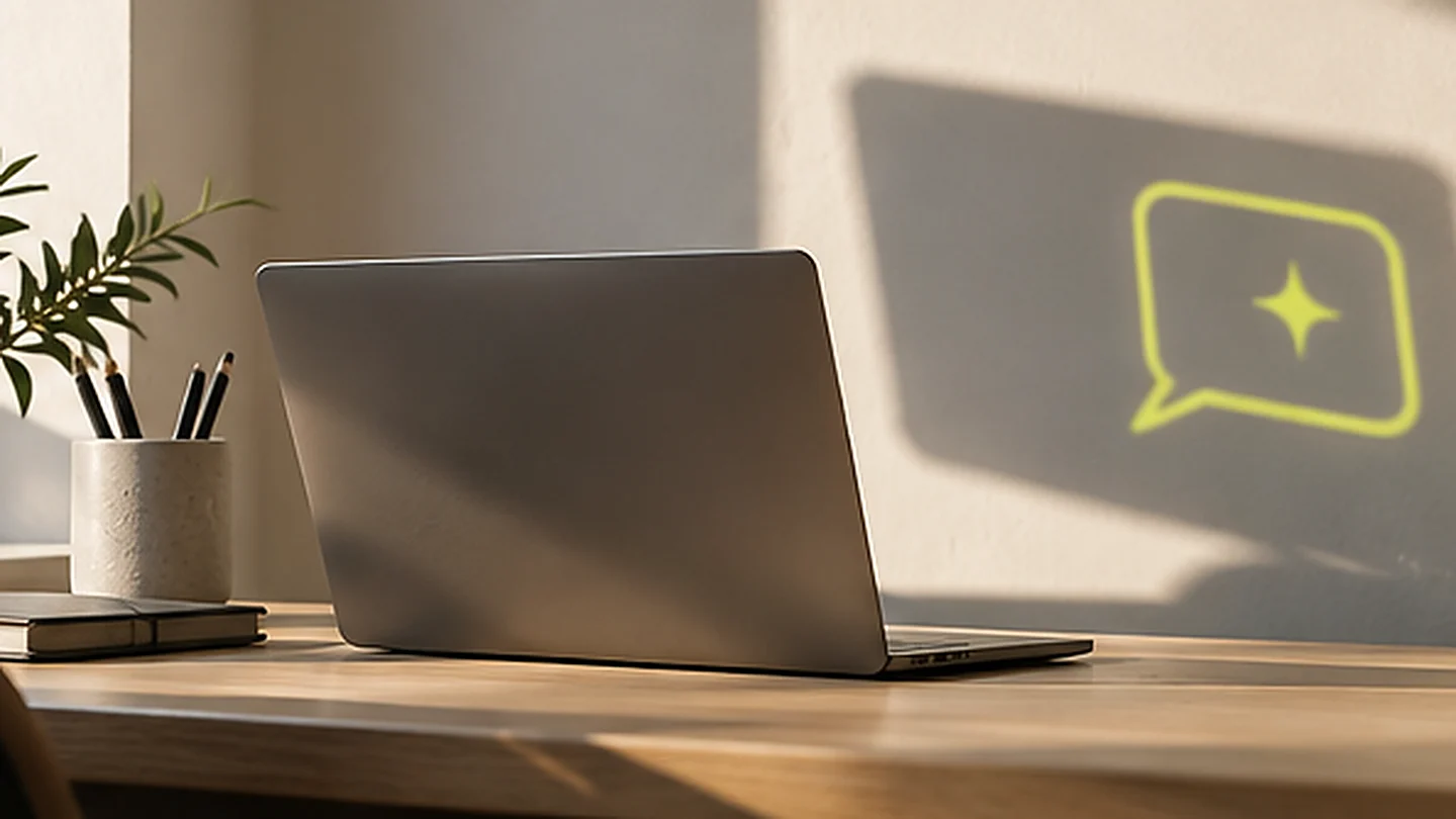 Notebook na stole, na zdi za ním stín ve tvaru chatovací bubliny