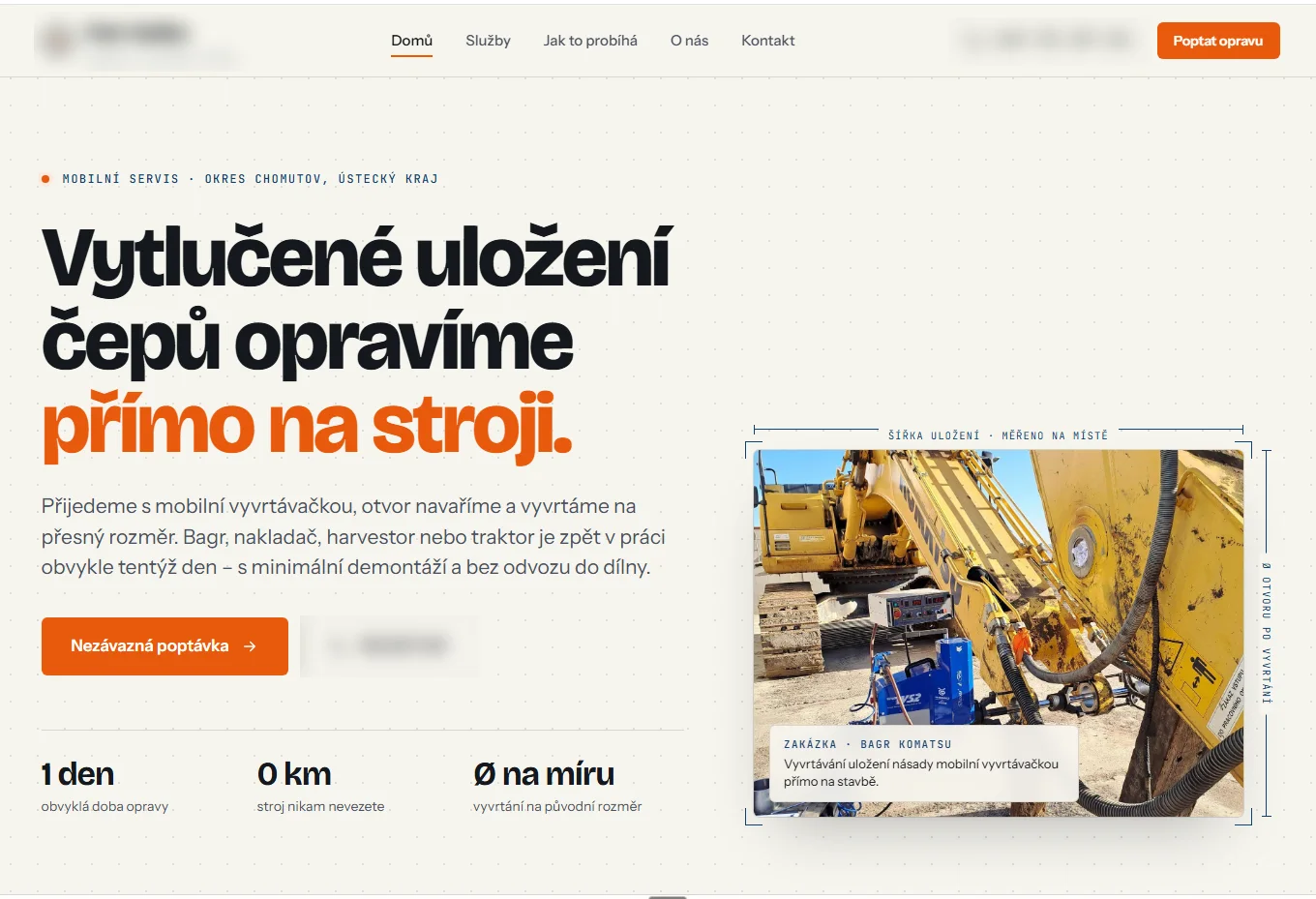 Úvodní stránka webu mobilního servisu stavebních strojů z Ústeckého kraje, tvorba webu a SEO